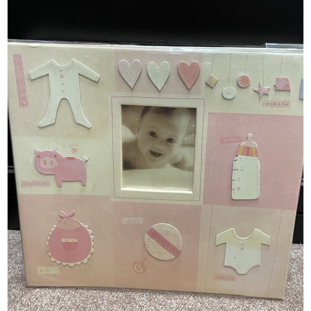 K & Company 12x12 Pink Scrapbook Album Baby Girl Frame Stitched Plaid Bottle